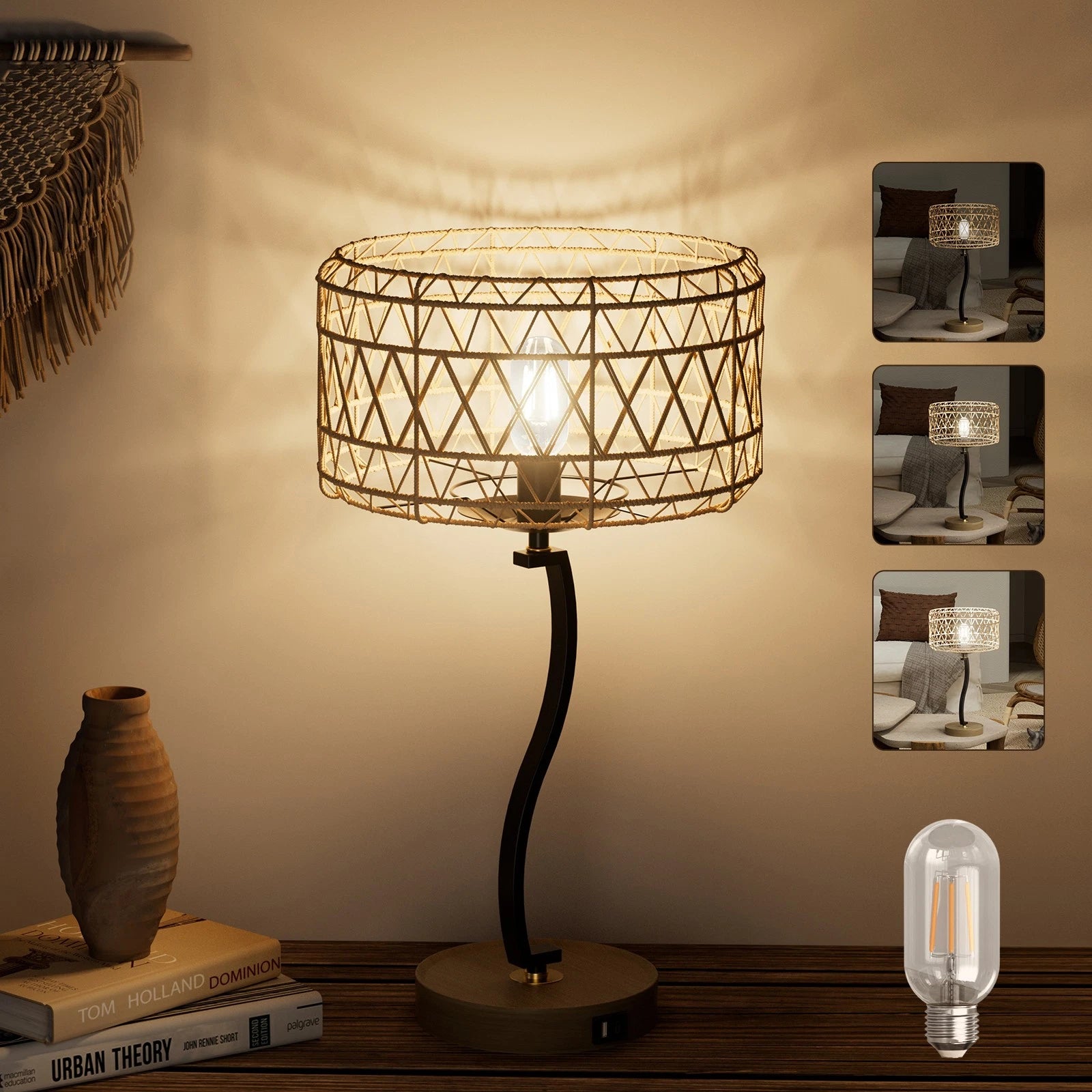 Dimmable Desk Lamp with Woven Rattan Shade for Bedroom Table