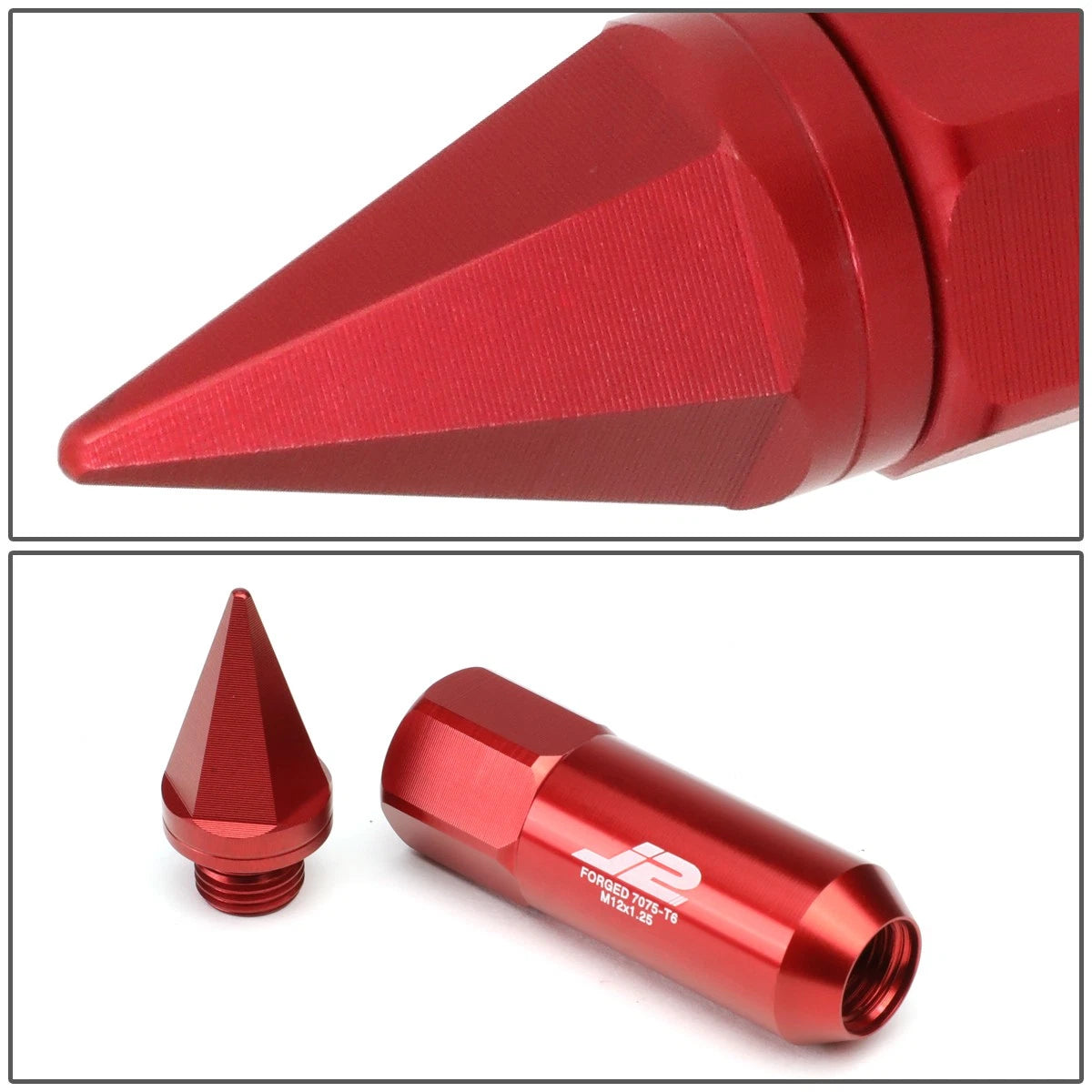 Set of 20 J2 7075 Forged Aluminum M12x1.25 Spiked End Lug Nuts w/Adapter Red