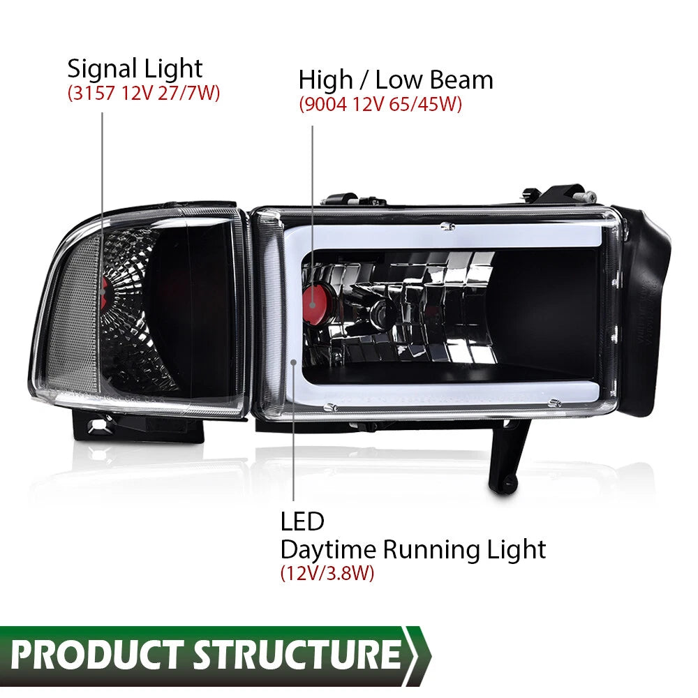 Clear Corner Black LED DRL Headlights for Dodge Ram 1500 2500 3500 (1994–2002)