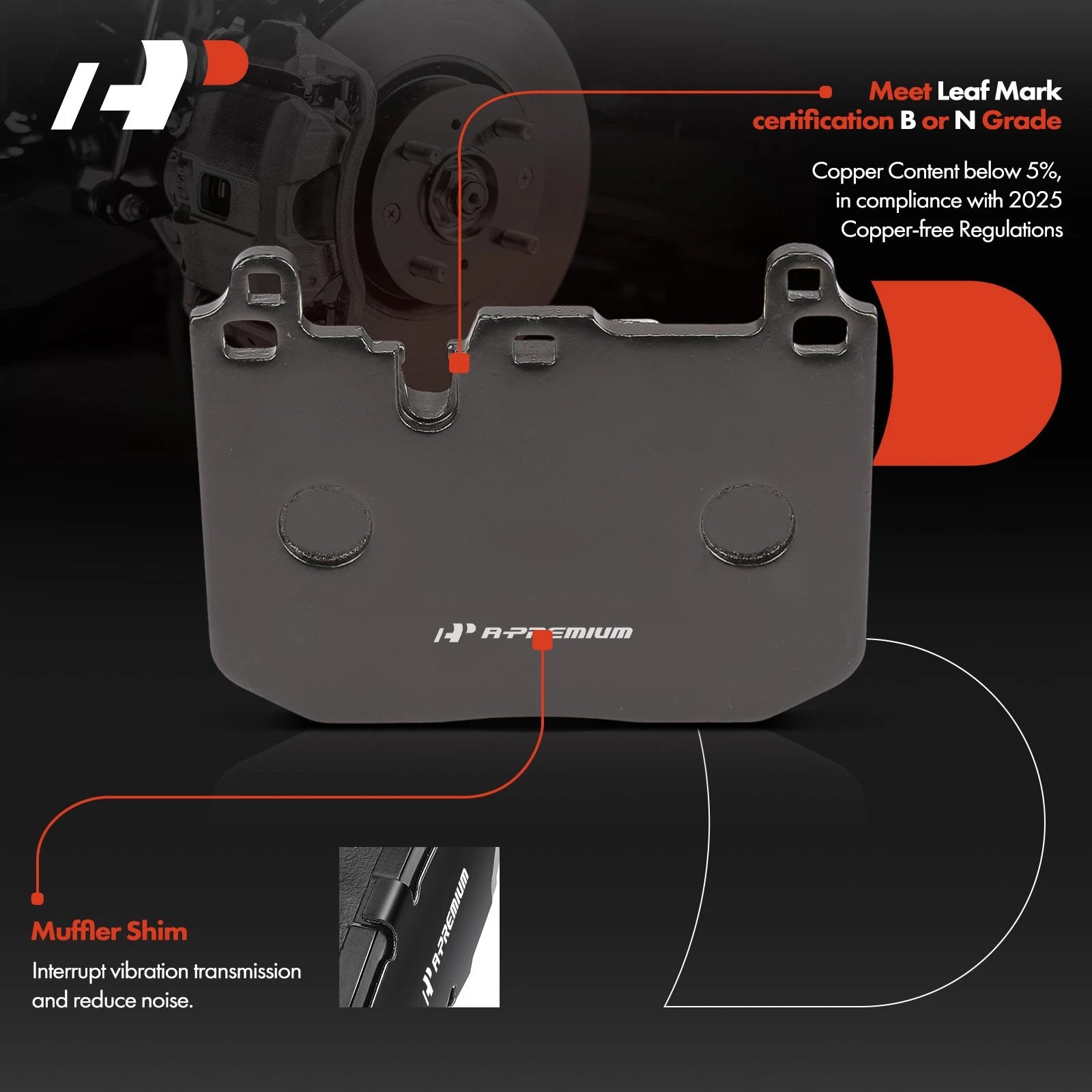 Set of 4 Front Ceramic Brake Pads with Hardware for Mini Cooper (2015-2016)