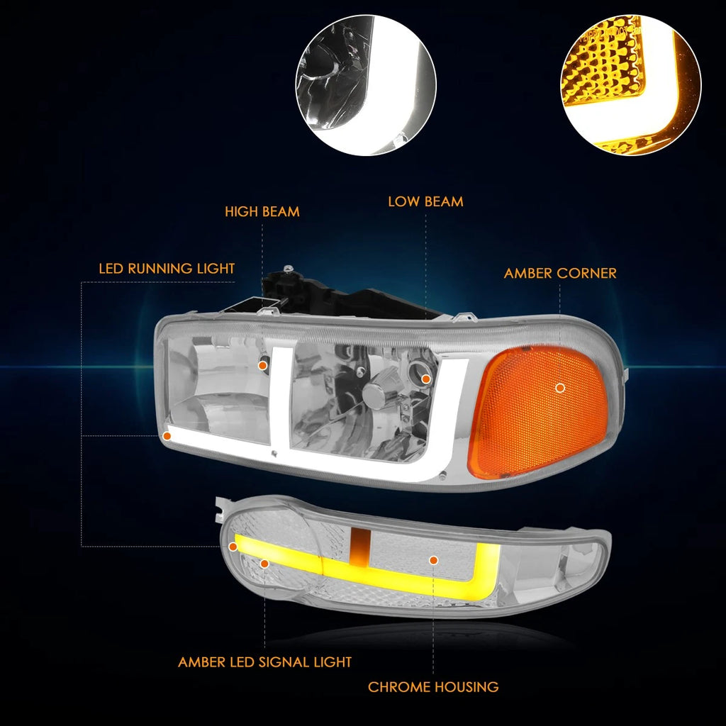 OE Style LED DRL Headlights Chrome/Amber for GMC Sierra/Yukon 1500 (2002–2006)