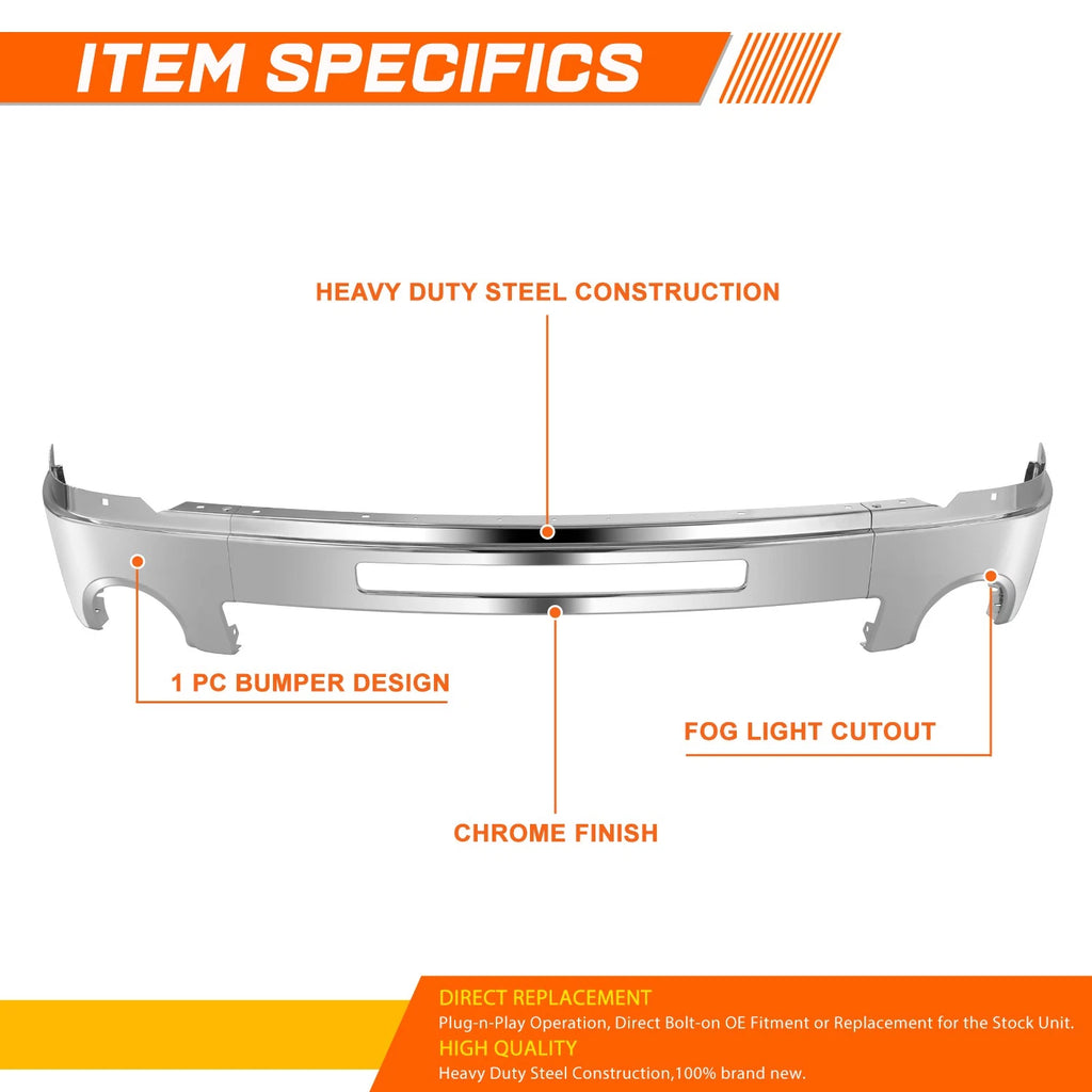 Front Bumper for GMC Sierra 1500 2500/3500 HD (2007–2013) w/ Fog Lamp Holes & Tow Pkg