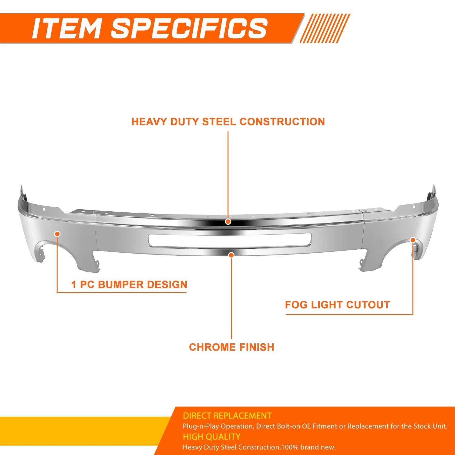 Front Bumper for GMC Sierra 1500 2500/3500 HD (2007–2013) w/ Fog Lamp Holes & Tow Pkg