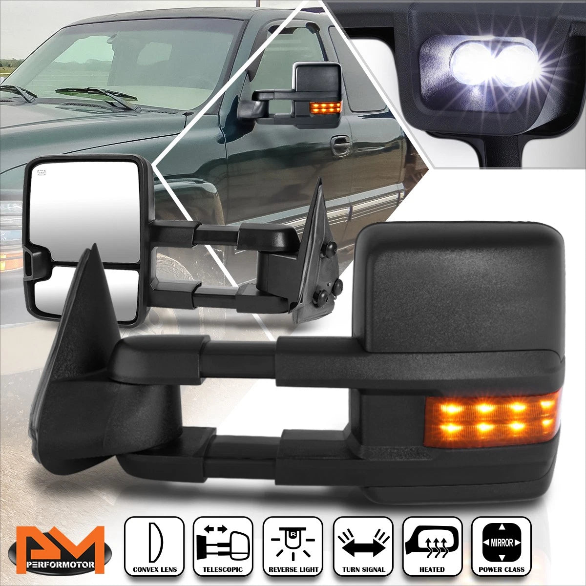 Set of 2 Power Heated Black Towing Mirrors with LED Signal for Silverado/Sierra (1999–2002)