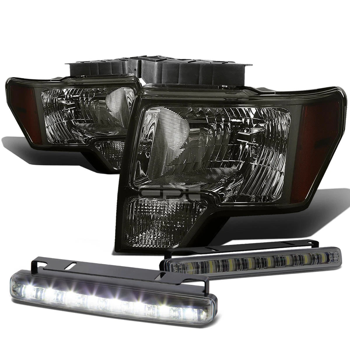 Smoked Housing Headlights + Amber Bumper Corners + LED Fog Light Kit for Ford F150 (2009–2014)
