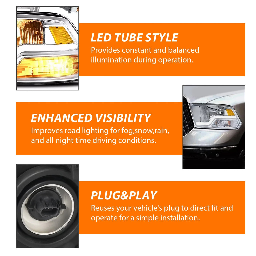 Pair LED DRL Sequential Headlights for Dodge Ram 1500 2500 3500 (2009–2018)