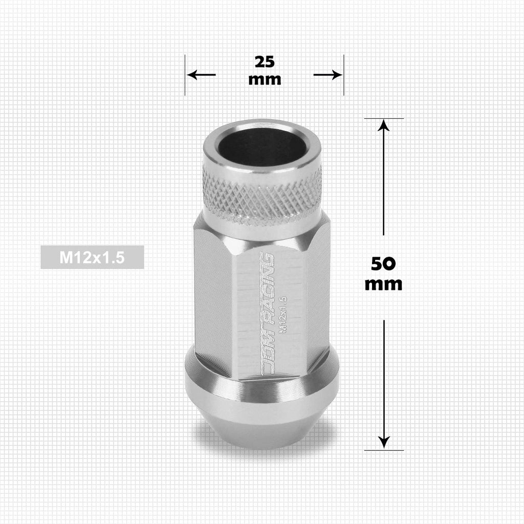 Set of 20 M12X1.5 Silver JDM Open End Cone Hex Wheel Lug Nuts + 25mm Extension
