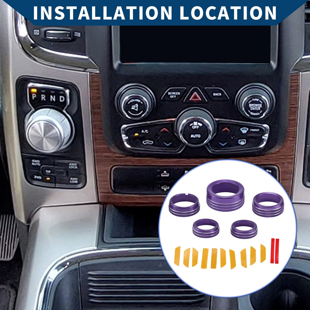 Set of 5 AC gear shift headlight media knob covers for Dodge RAM (2013–2017) Purple