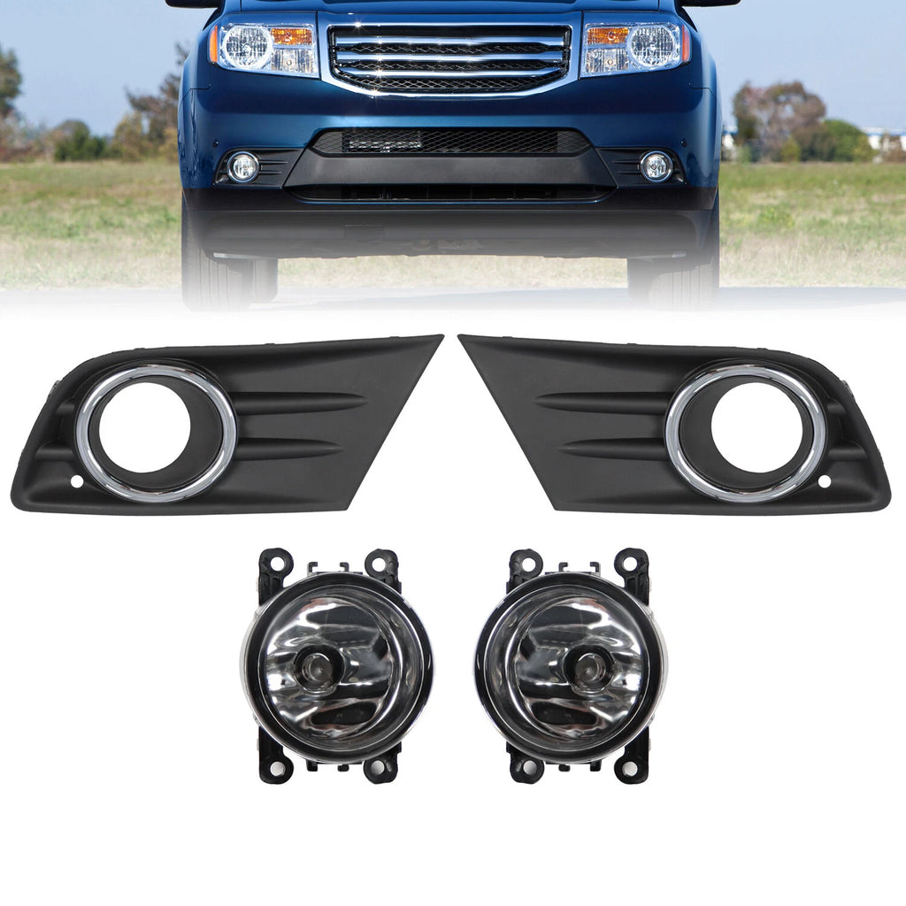 Front Bumper Fog Light Lamp Cover & Chrome Trim for Honda Pilot (2012–2015)