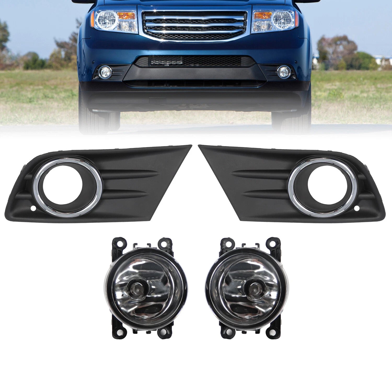 Front Bumper Fog Light Lamp Cover & Chrome Trim for Honda Pilot (2012–2015)