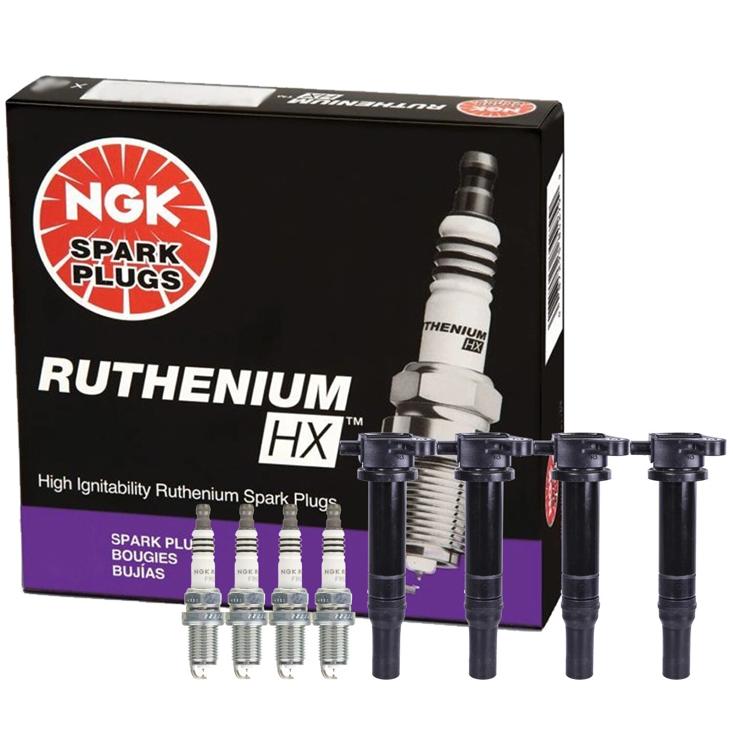 Set of 4 Denso COP Ignition Coils & NGK Ruthenium HX Spark Plugs for Hyundai