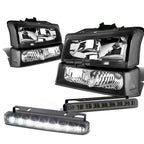 Black Headlight, Clear Corner, Bumper, LED Fog Light Set for Chevy Silverado (2003–2007)