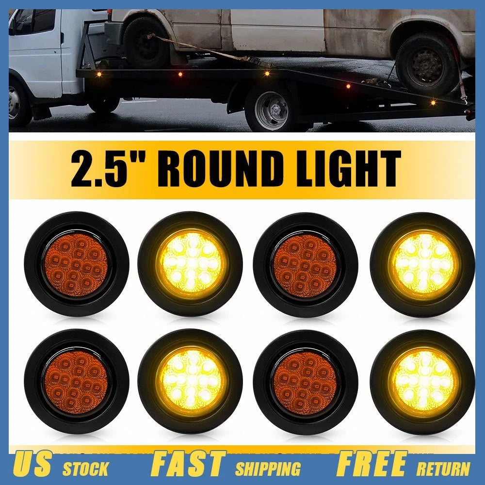 8x Amber LED 2.5 Inch DOT Round Trailer Side Marker Light for Truck