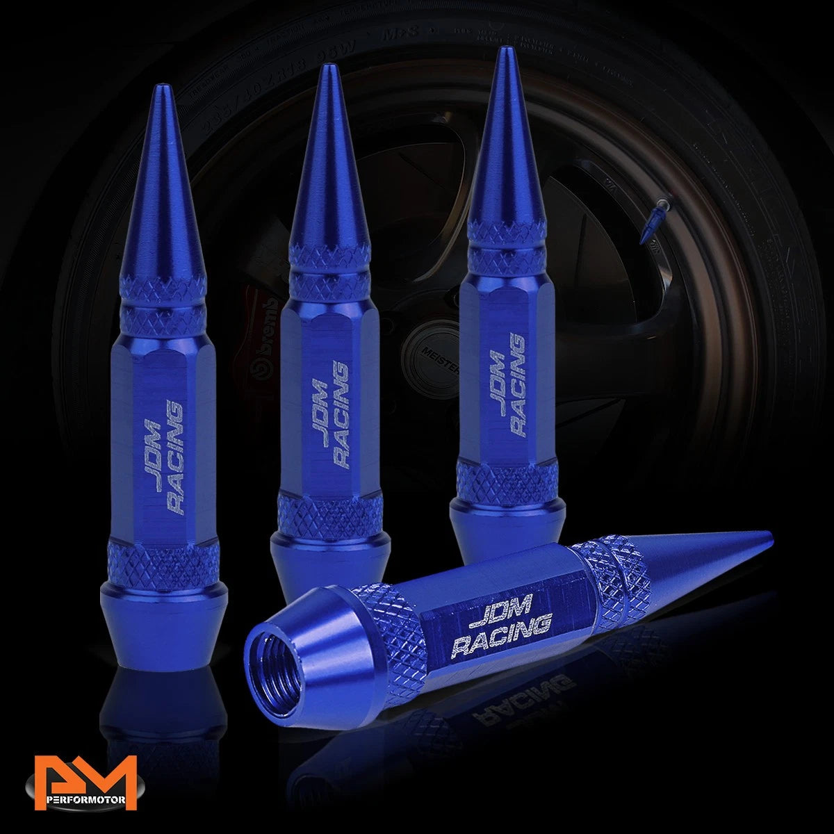Set of 4 Blue Aluminum Spiked Tire Valve Stem Caps for Universal Fit (60mm)