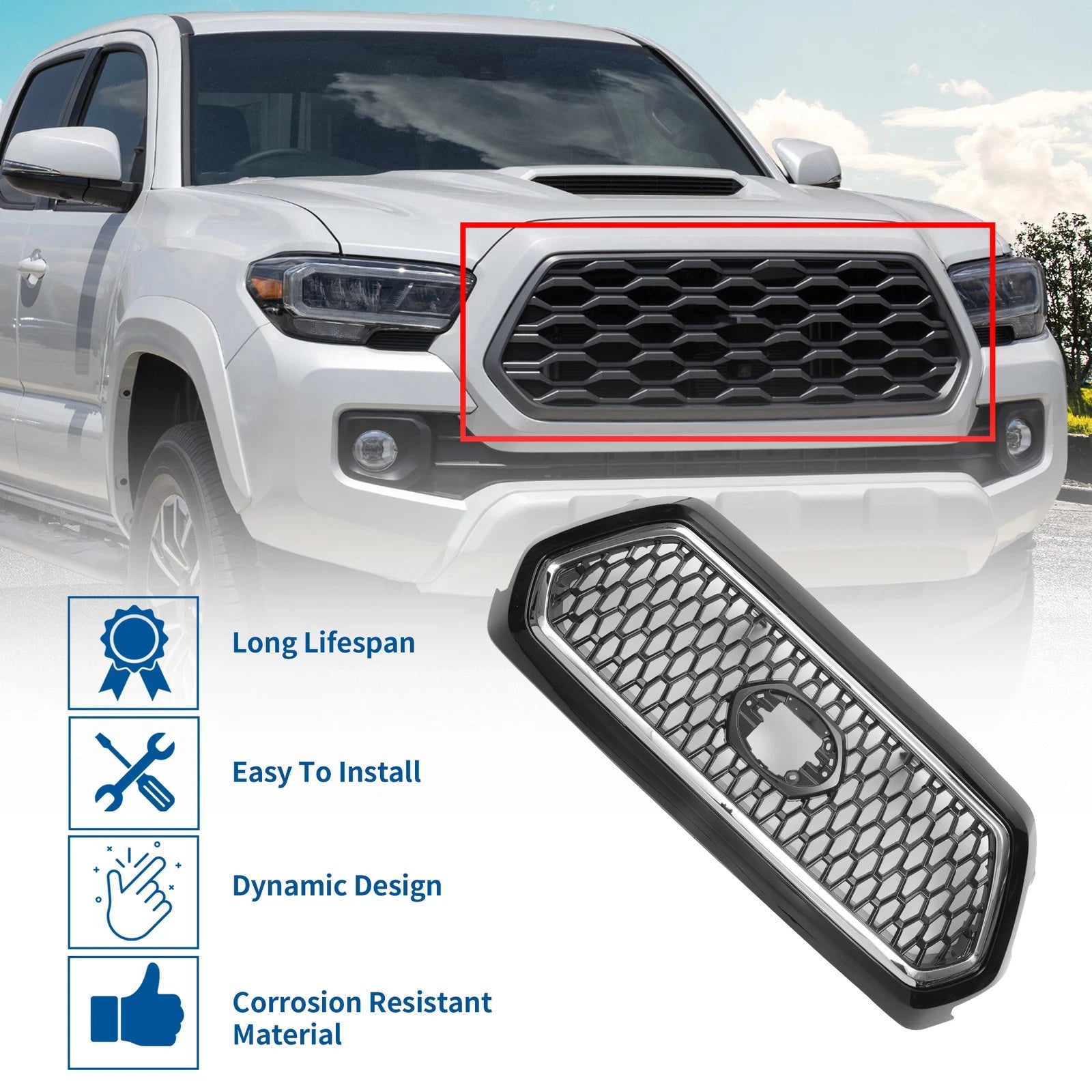 Front Hood Bumper Grille for Toyota Tacoma (2019–2020) Chrome