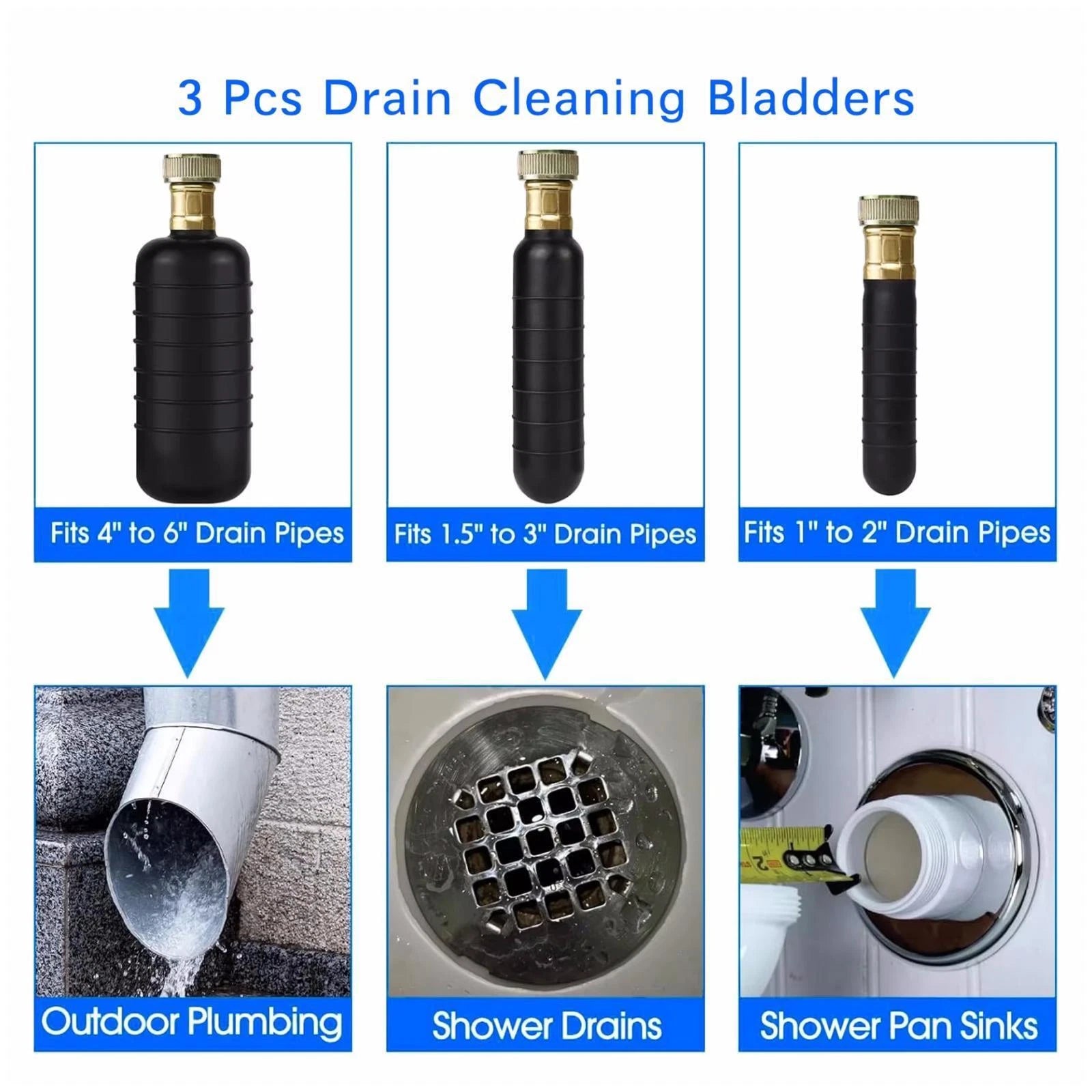3 Pcs Rubber Drain Cleaning Bladders for (1-6 inches)