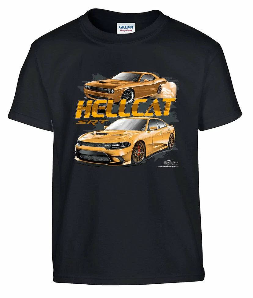 Dodge SRT Hellcat T Shirt Black with Orange Logo for Dodge Challenger (2015–2023)