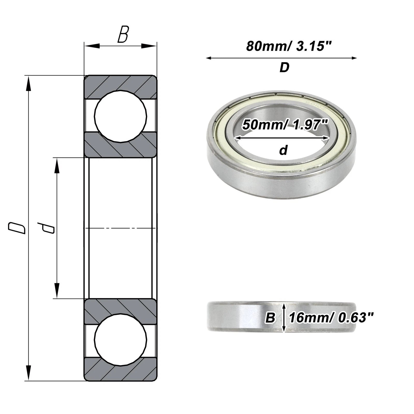 Deep Groove Ball Bearing 6010ZZ for Scooter Skateboard Wheel (50x80x16mm)