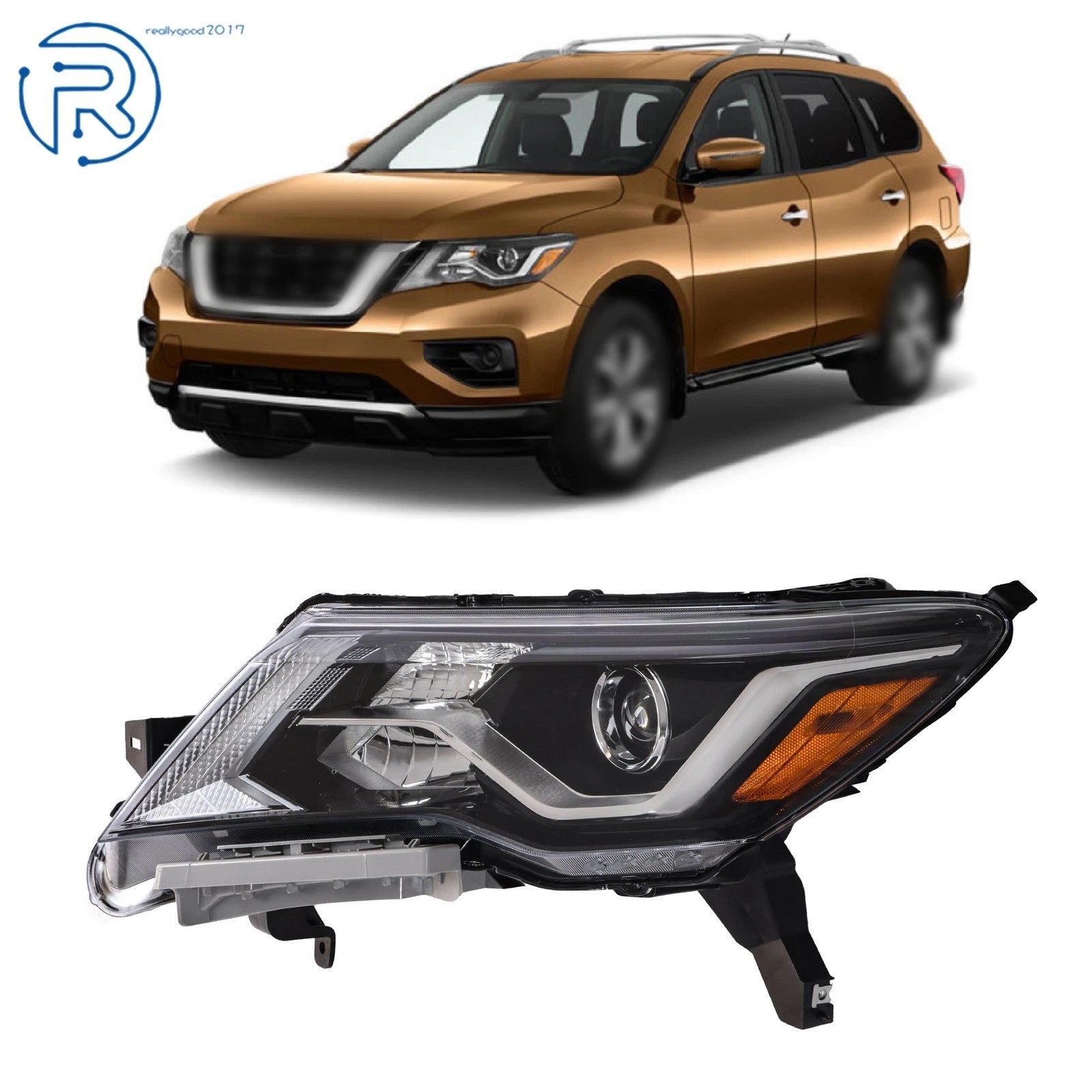 Driver Side Headlight for Nissan Pathfinder (2017–2019) Black Halogen LED DRL