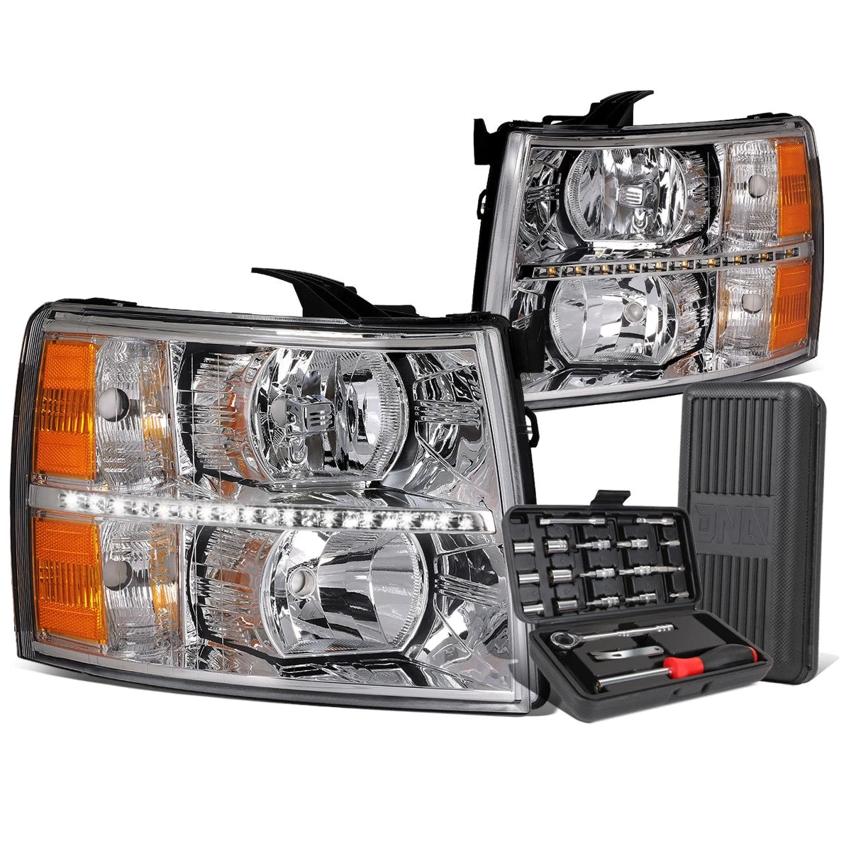 LED DRL Bar Chrome Amber Side Headlights for Chevy Silverado (2007–2014)