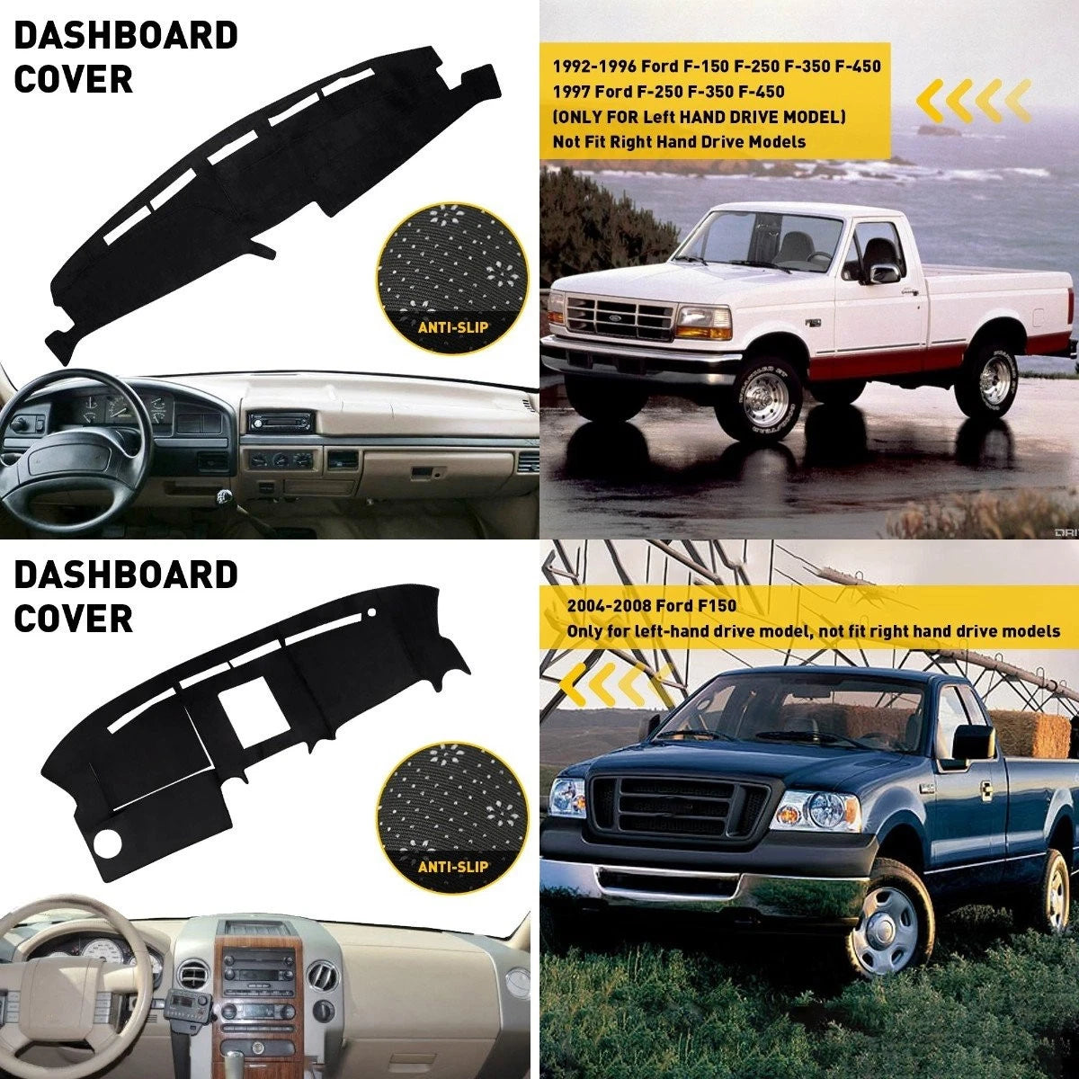 Dash Mat Cover for Ford F150 F250 F350 (1992–1996, 2004–2008) Black