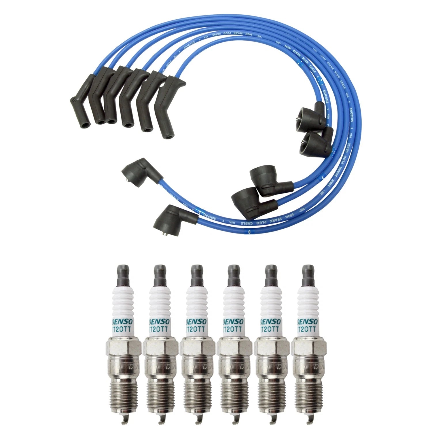 NGK Wire Set & Denso 6 Iridium TT Spark Plugs Kit for Ford Thunderbird (1983–1997)