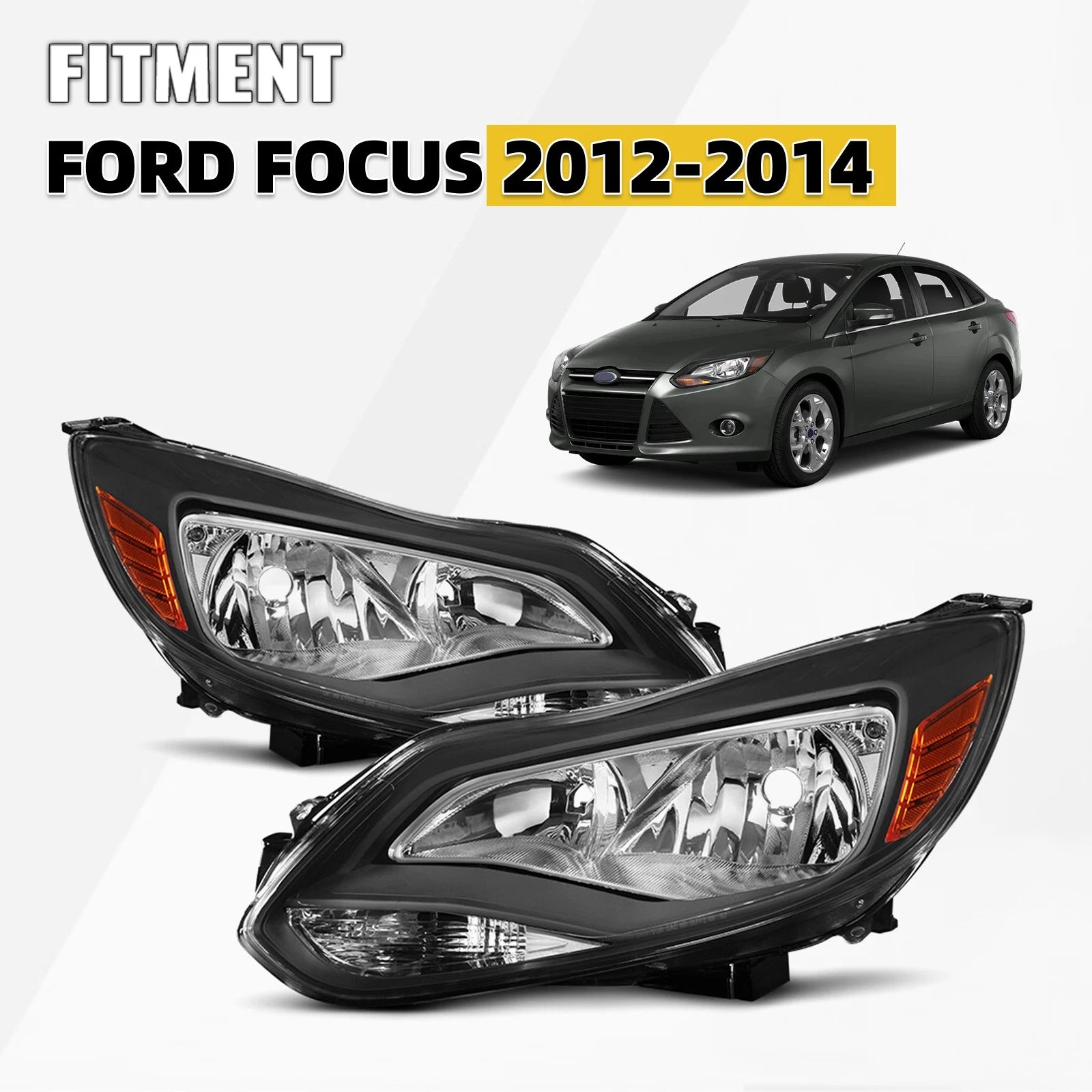 Halogen Headlights for Ford Focus (2012–2014) Left + Right Pair, Black