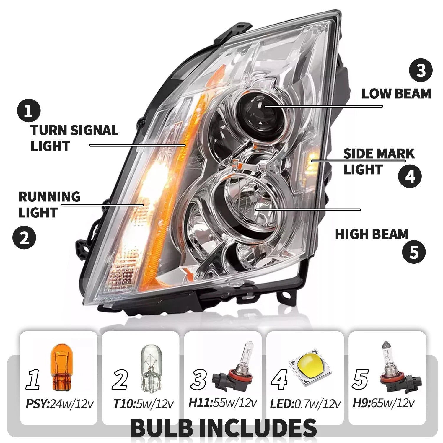 Halogen Headlight Pair for Cadillac CTS (2008–2015) - Left & Right, With Bulbs