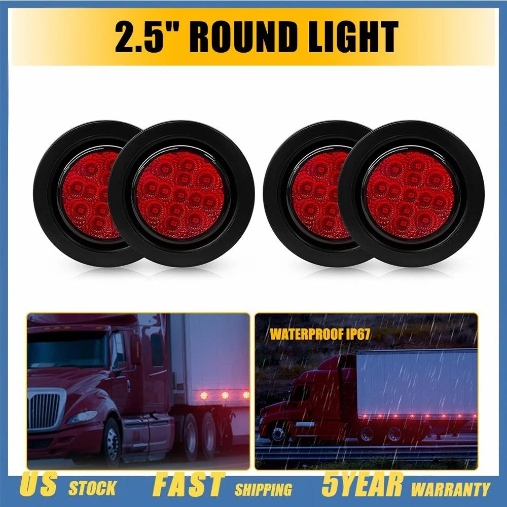 4pc 2.5 Inch DOT Round Red LED Trailer Side Marker Lights for Truck (H)