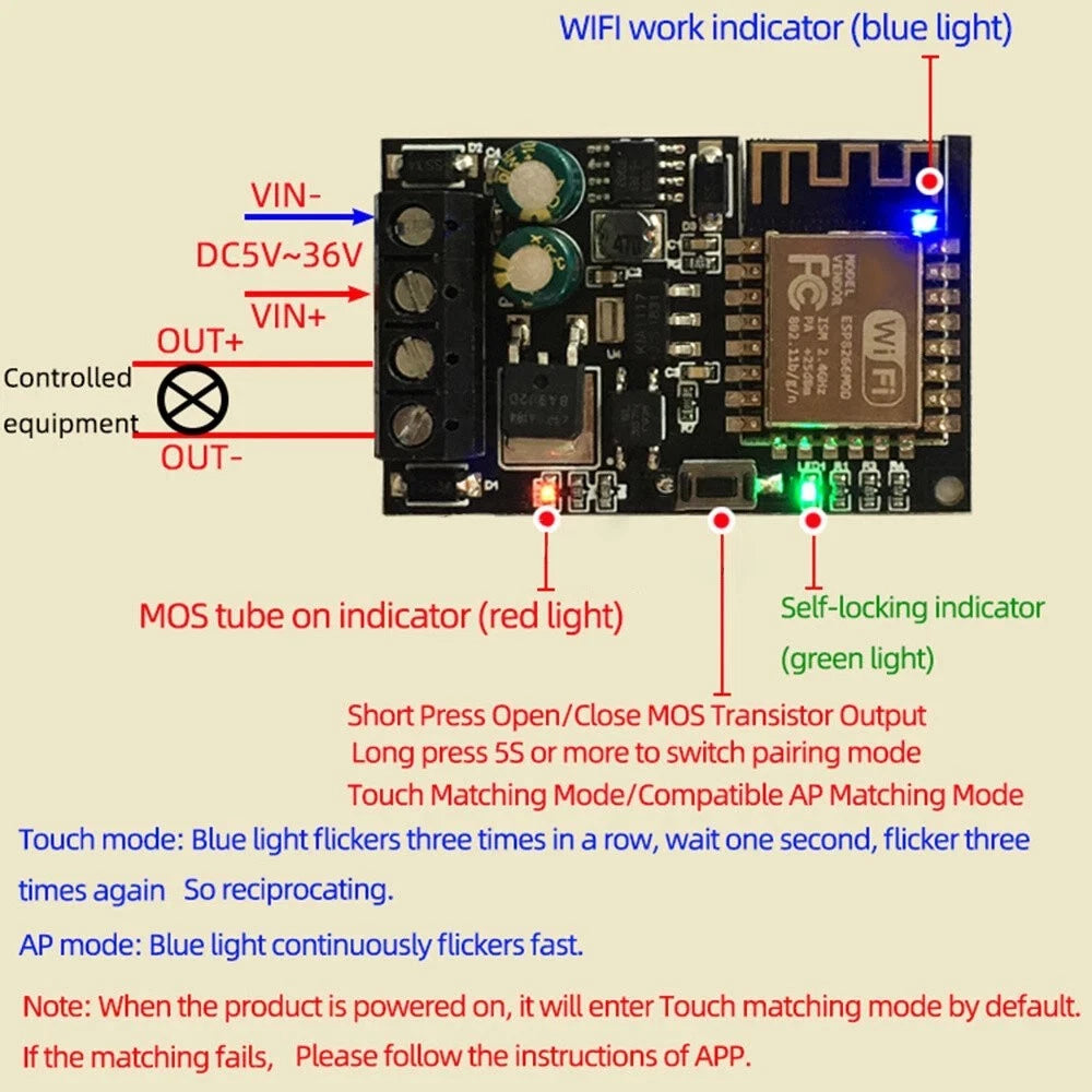 WiFi Relay Module 5V-36V 5A for Electrical Equipment