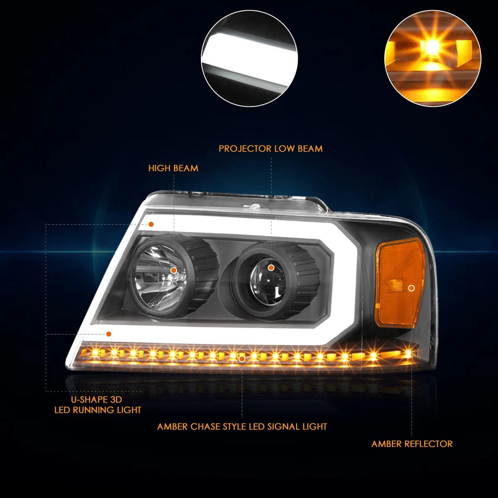 LED DRL Sequential Turn Signal Projector Headlights for F150 (2004–2008)