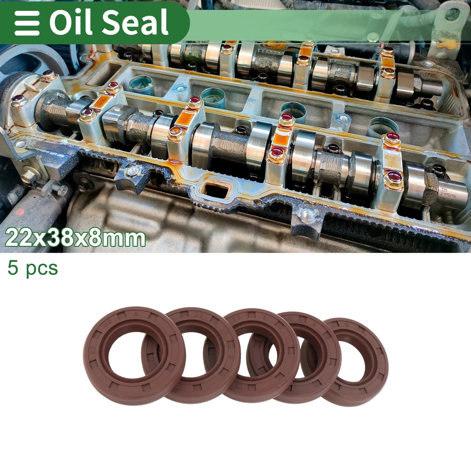 Set of 5 Oil Seals for Various Models (22x38x8mm, FKM Rubber)