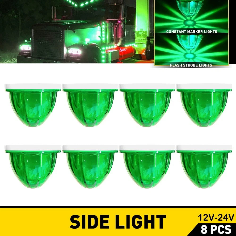 8X Green LED Watermelon Marker Lights with Strobe for Truck Trailer