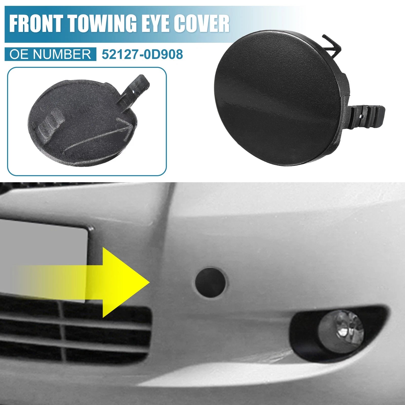 Front Bumper Tow Hook Cover 52127-0D908 for Toyota Yaris (2006–2013) Black