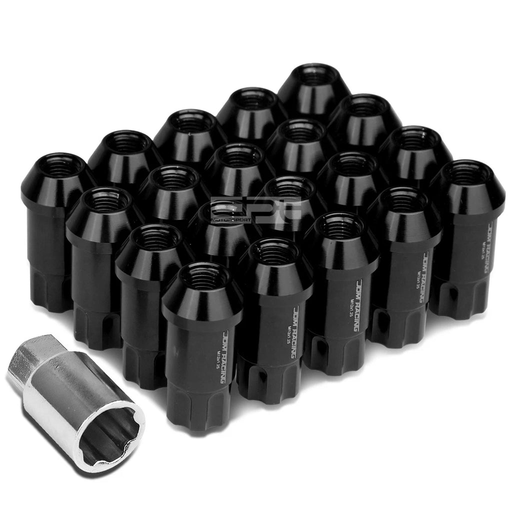 20x Open End M12x1.5 50mm Tall Black Aluminum Lug Nuts + Lock Key