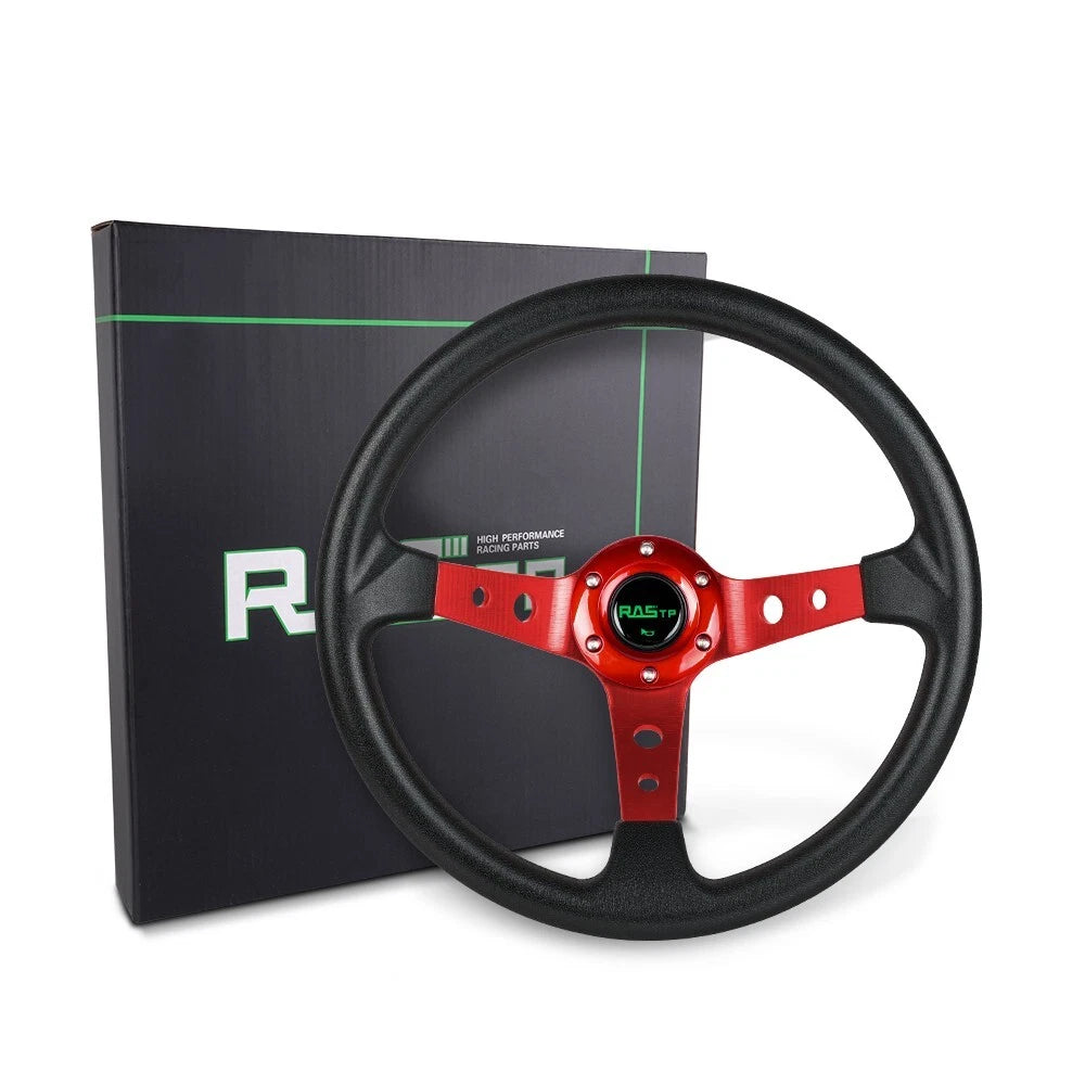 14" Deep Dish Racing Steering Wheel for Universal Fit (Aluminum, Red)