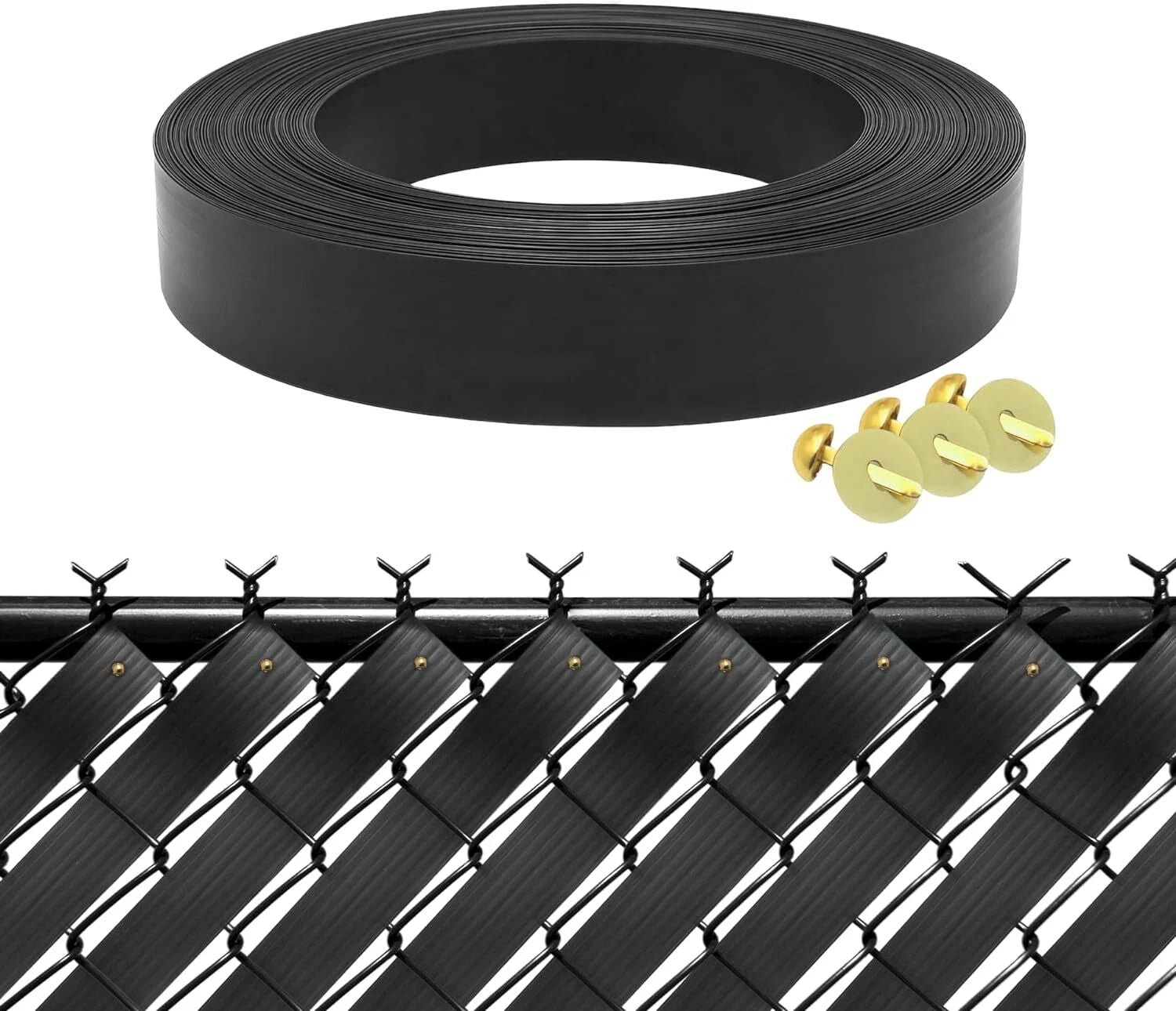Chain Link Fence Privacy Slats Tape with Brass Fasteners, Black, 1.8" x 250'