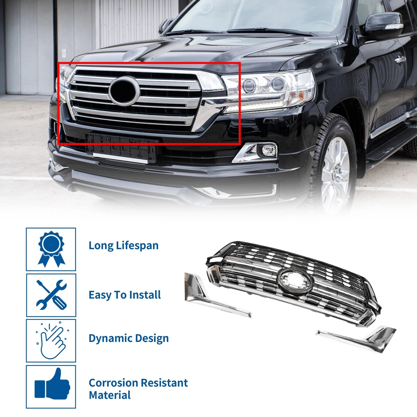 Front Upper Hood Bumper Grille for Toyota Land Cruiser LC200 (2016–2020) Black