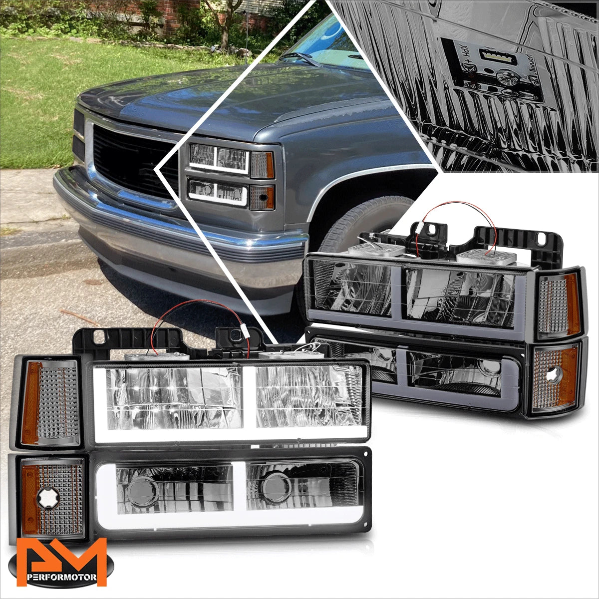 F-Shape LED DRL Headlights for GMC C/K Pickup Suburban Yukon (1994–2000)