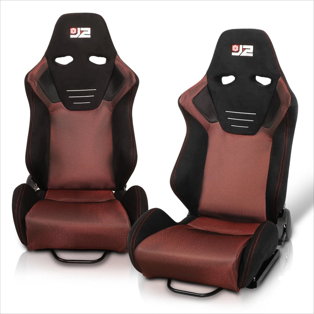 2X Reclinable Racing Bucket Seat with Sliders for Universal Fit (Mesh, Red Stitching)