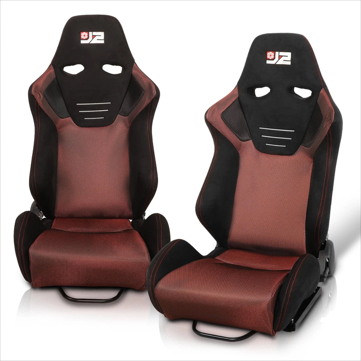 2X Reclinable Racing Bucket Seat with Sliders for Universal Fit (Mesh, Red Stitching)