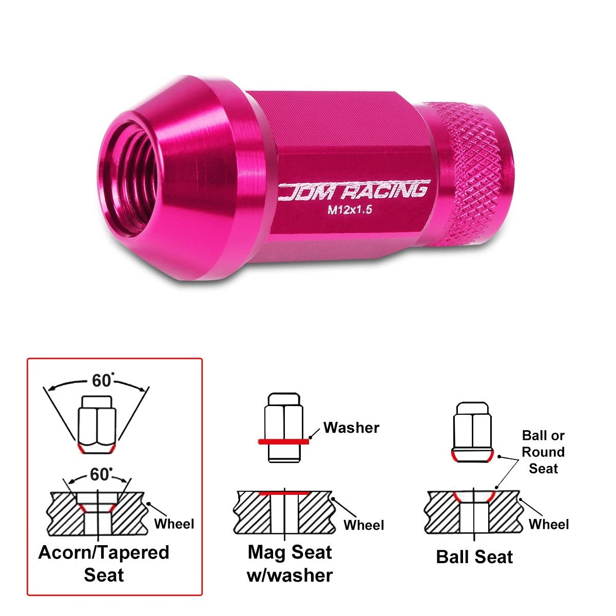 20Pc M12X1.5 Pink JDM Open End Cone Seat Wheel Lug Nuts + 25mm Extension