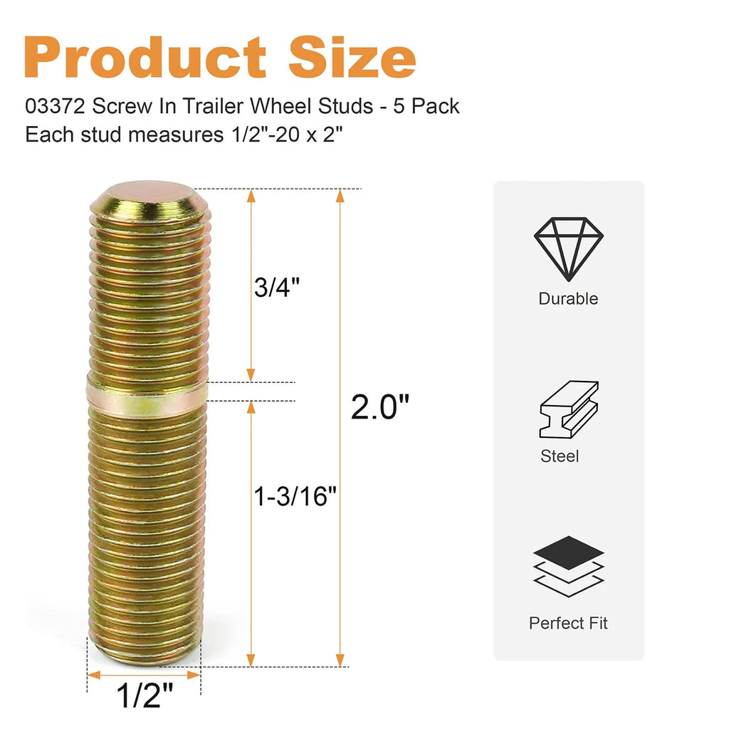 5 Pack Screw-In Trailer Wheel Studs 1/2"-20 x 2" for Hubs 03372