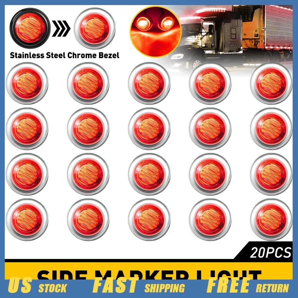 20X 3/4" Stainless Round Red LED Marker Side Light Base for Trailer Truck