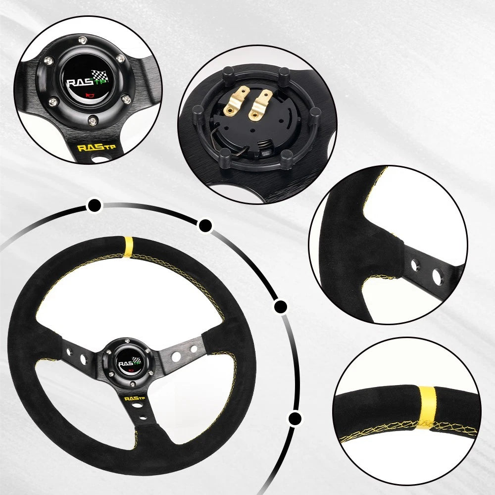 345mm Deep Dish Racing Suede Steering Wheel with Quick Release Adapter