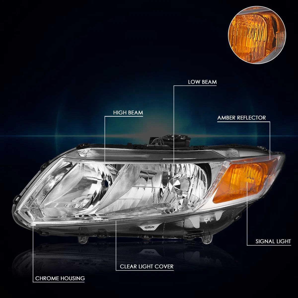 Set of 2 Replacement Headlights for Honda Civic (2012–2015) Chrome Housing Amber