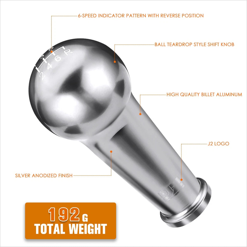 J2 Aluminum Ball Teardrop Shift Knob for 6-Speed MT (M8 M10 M12) Silver