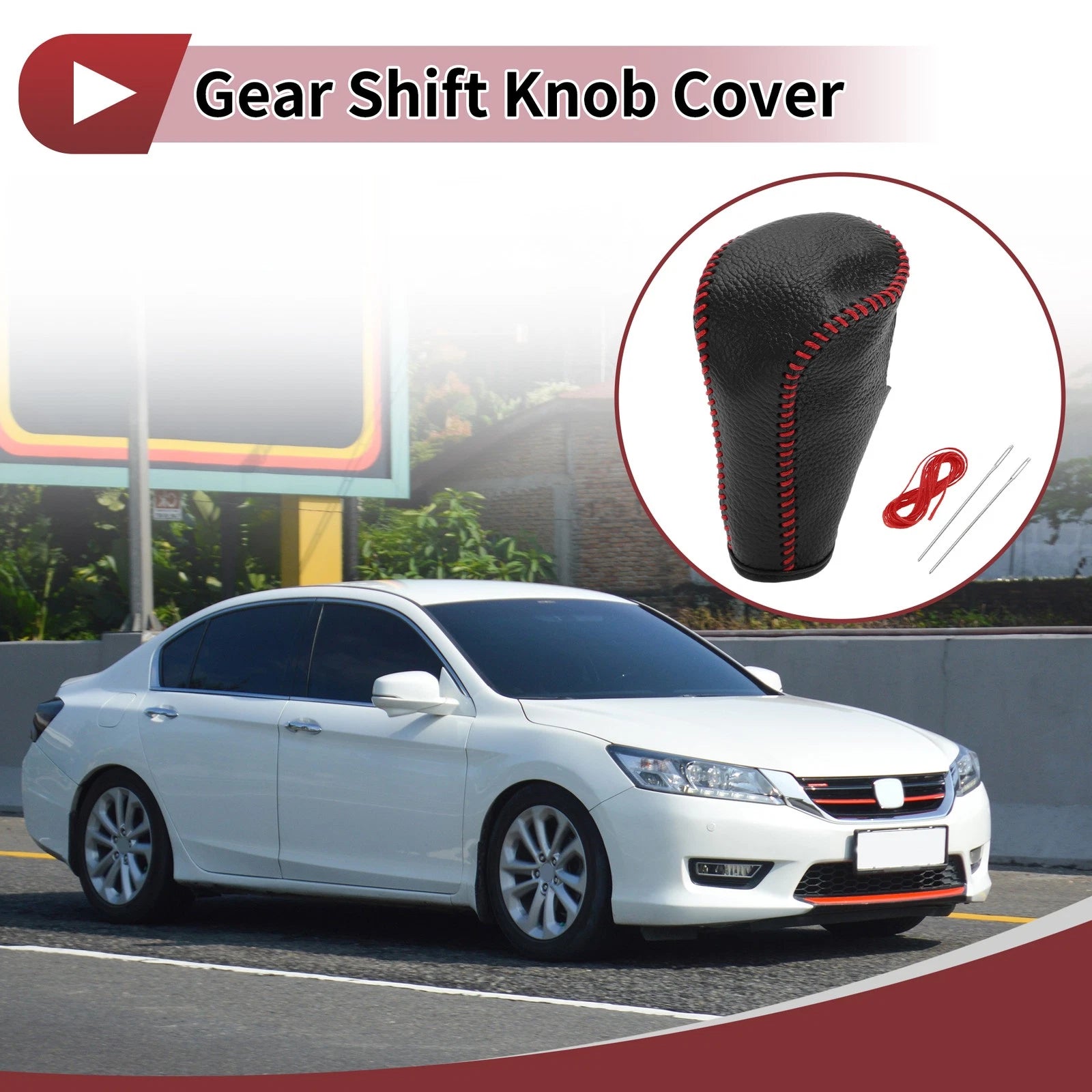 Gear Shift Knob Cover for Honda Accord (2008–2012) Pebbled Black Red Faux Leather