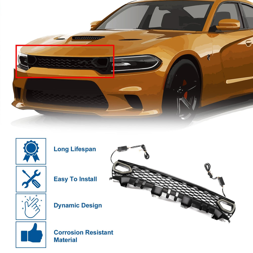 Front Upper Hood Bumper Grille for Dodge Charger (2015–2023) Plastic Black