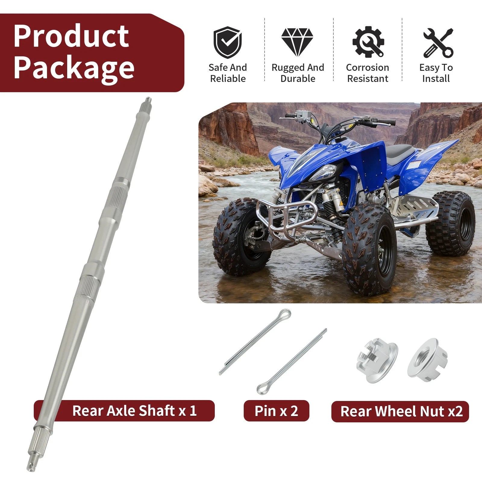 Rear Axle Shaft with Nut Pin for Yamaha YFZ450 (2004–2023) 5TG-25381-00-00 90171-14037-00